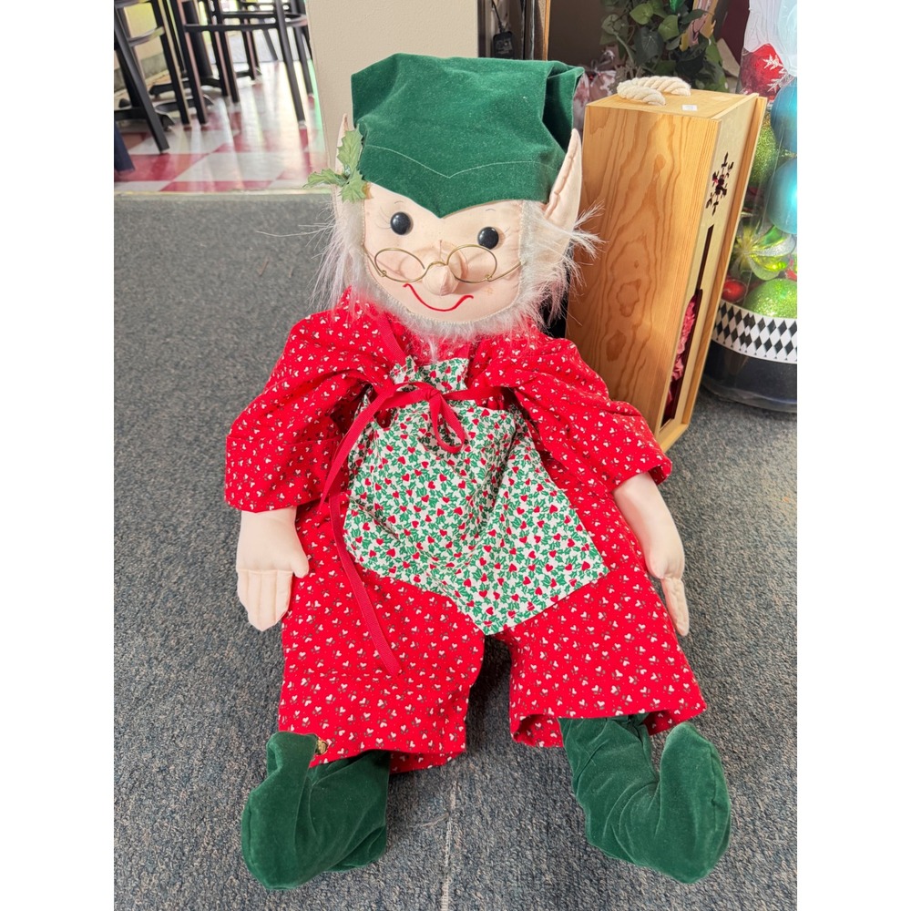 Vintage Christmas Elf Doll Shelf Sitter Red Green Fabric Holiday Decor 28 inch
